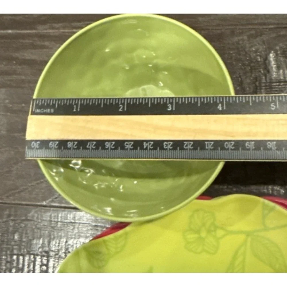 Better Homes Gardens Floral Green Red‎ Dinner Plates Bowls 7 Piece Set Melamine